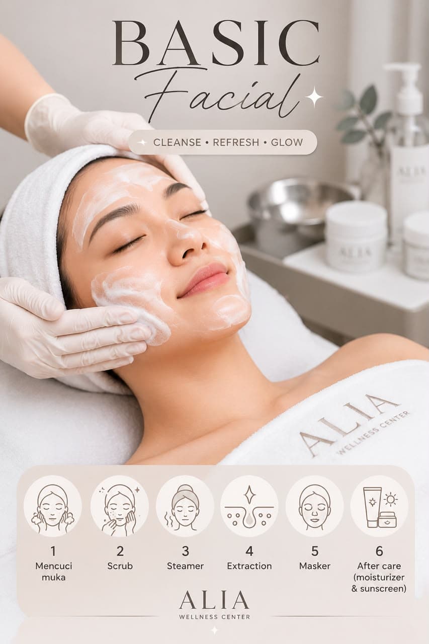 Basic Facial — treatment steps: cleanse, scrub, steamer, extraction, mask, aftercare